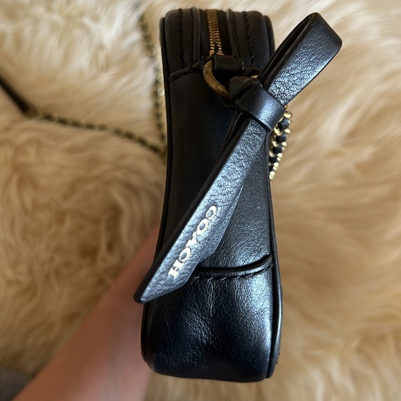 Authentic Black Leather Coach Crossbody Purse with Gold Chain Strap - Picture 11 of 16